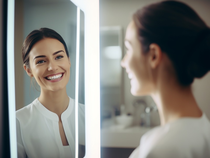 Young woman checking her smile while looking in a mirror